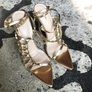 Gold strappy cocktail party heels 6
